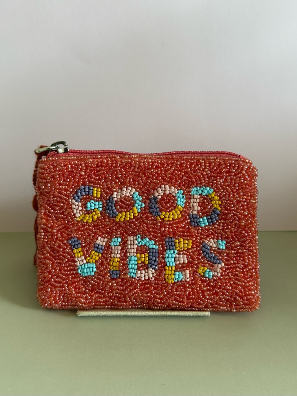 Beaded 'Good Vibes' Zipper Pouch - Coral
